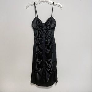 Black Satin Ruched Form Fitting Cocktail Dress